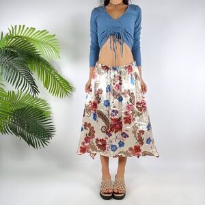 Vintage Floral Paisley Cottagecore Bohemian Fairy Satin Low Rise Midi Skirt / L
